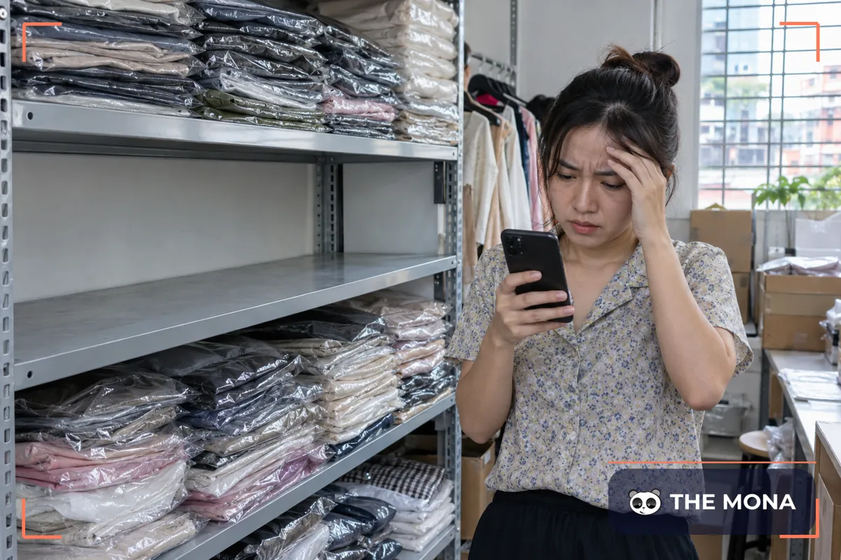 Chủ shop quần áo đứng trước kệ hàng trống, nhìn điện thoại đầy tin khách hỏi còn hàng không