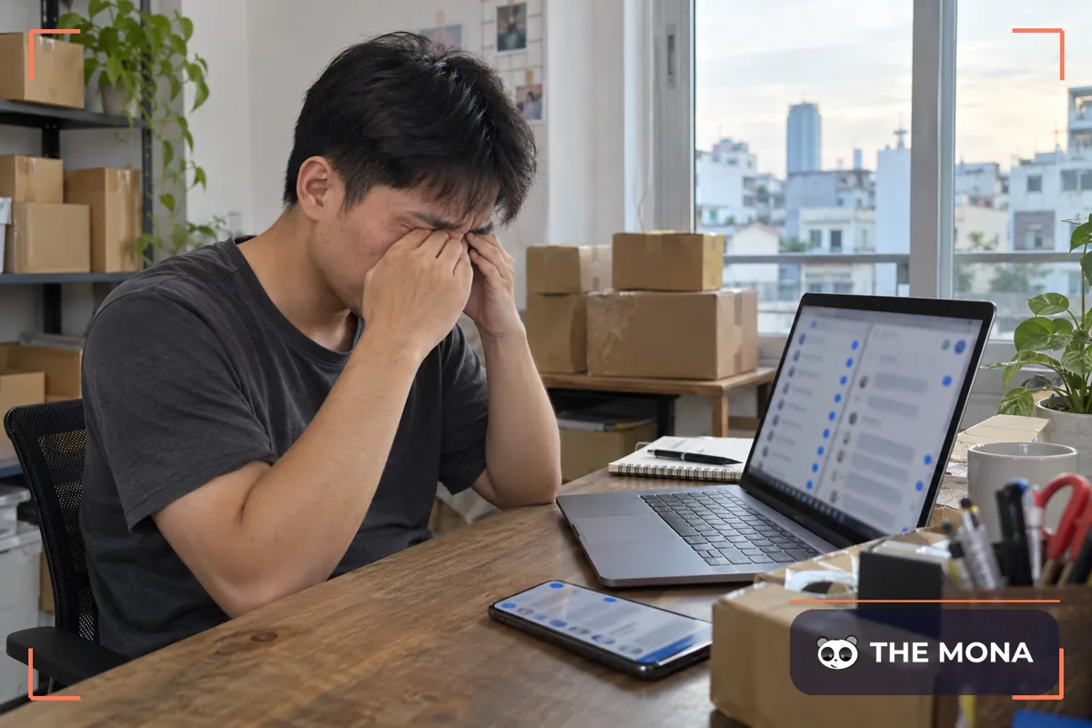 Nhân viên shop mệt mỏi trước laptop có hàng chục cuộc chat chưa đọc