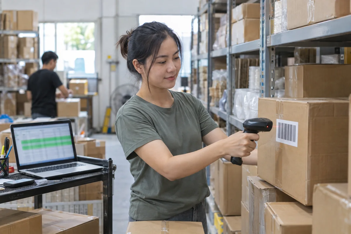 Nhân viên quét mã thùng hàng mới về, màn hình kho chuyển sang có hàng