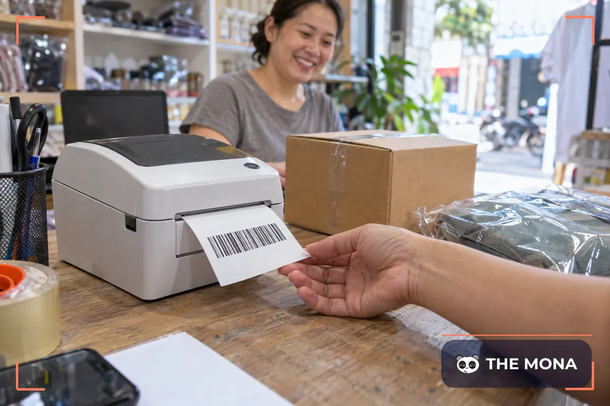 Máy in nhiệt in phiếu giao hàng có mã vạch cạnh thùng hàng đang đóng gói