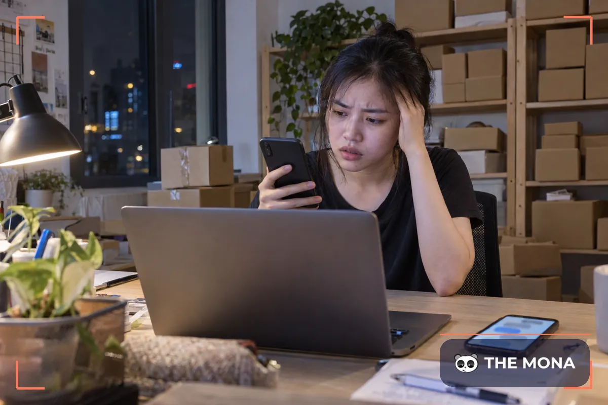 Nhân viên shop online buổi tối căng thẳng trước laptop và hai điện thoại đầy tin khách