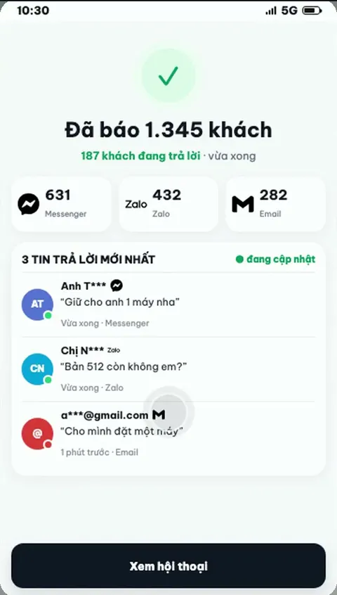 Dê Cười đã báo 1.345 khách qua Messenger, Zalo và email khi hàng về