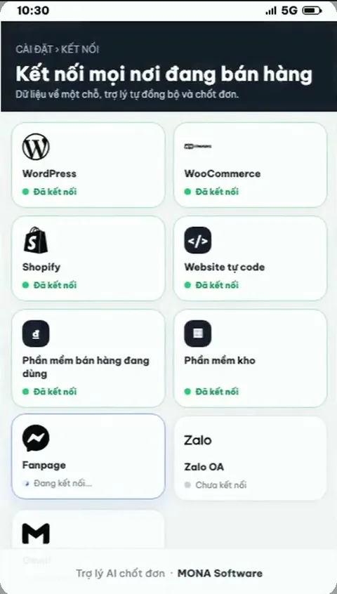 Màn hình kết nối của Dê Cười với WordPress, WooCommerce, Shopify, phần mềm kho, Fanpage và Zalo OA