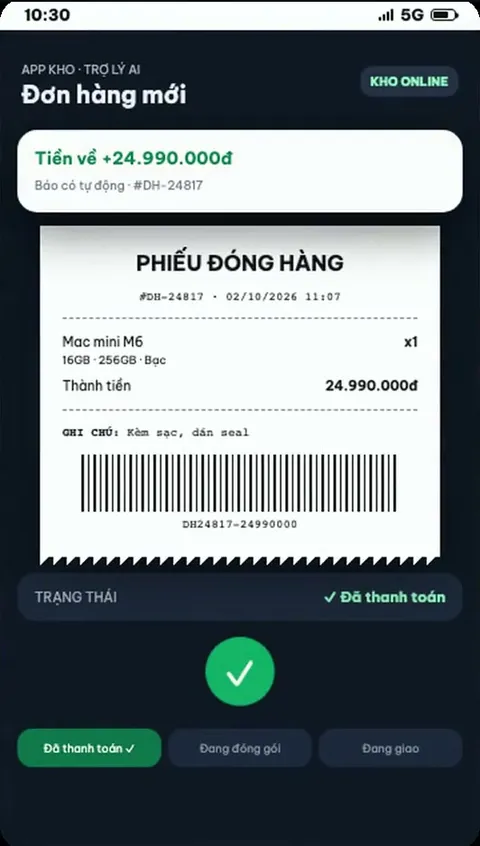 Đơn Mac mini M6 đã thanh toán, phiếu đóng gói in ra ở kho