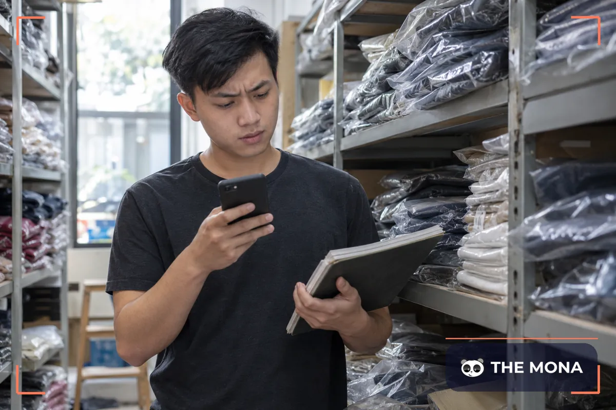 Nhân viên mới lúng túng tra sổ kho xem còn size không