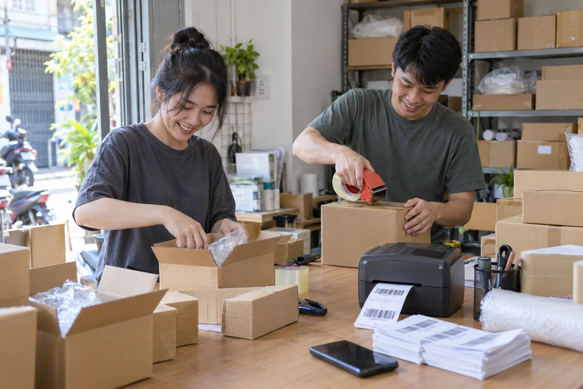 Hai nhân viên shop online đóng gói đơn hàng buổi sáng, máy in vận đơn đặt trên bàn