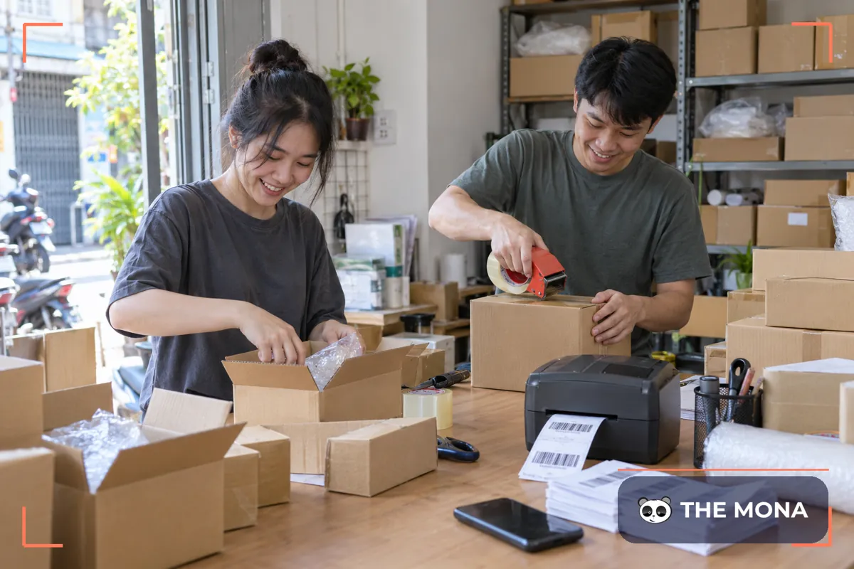 Hai nhân viên vui vẻ đóng gói nhiều đơn hàng buổi sáng