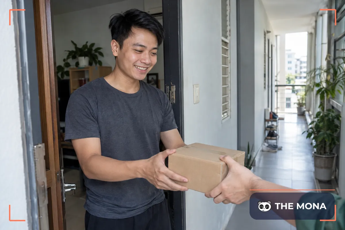 Khách mỉm cười nhận gói hàng trước cửa nhà