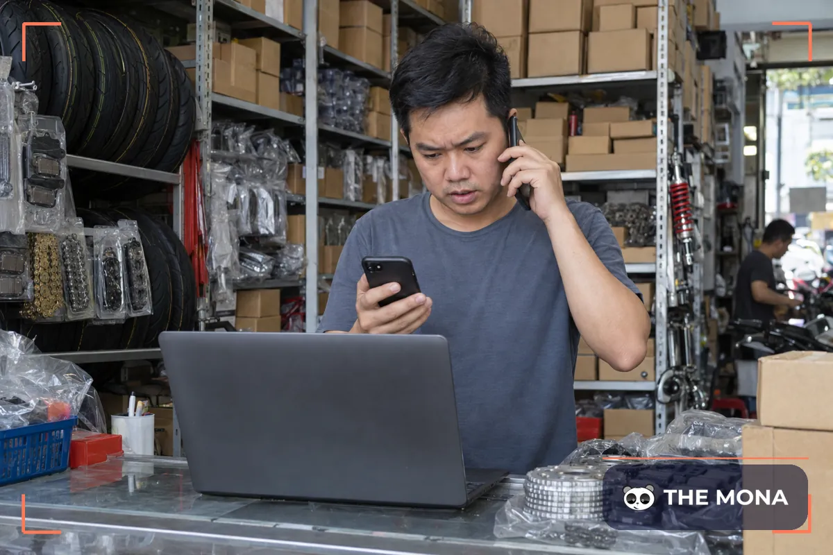 Nhân viên kinh doanh sỉ phụ tùng vừa nghe điện thoại vừa xem tin nhắn đại lý