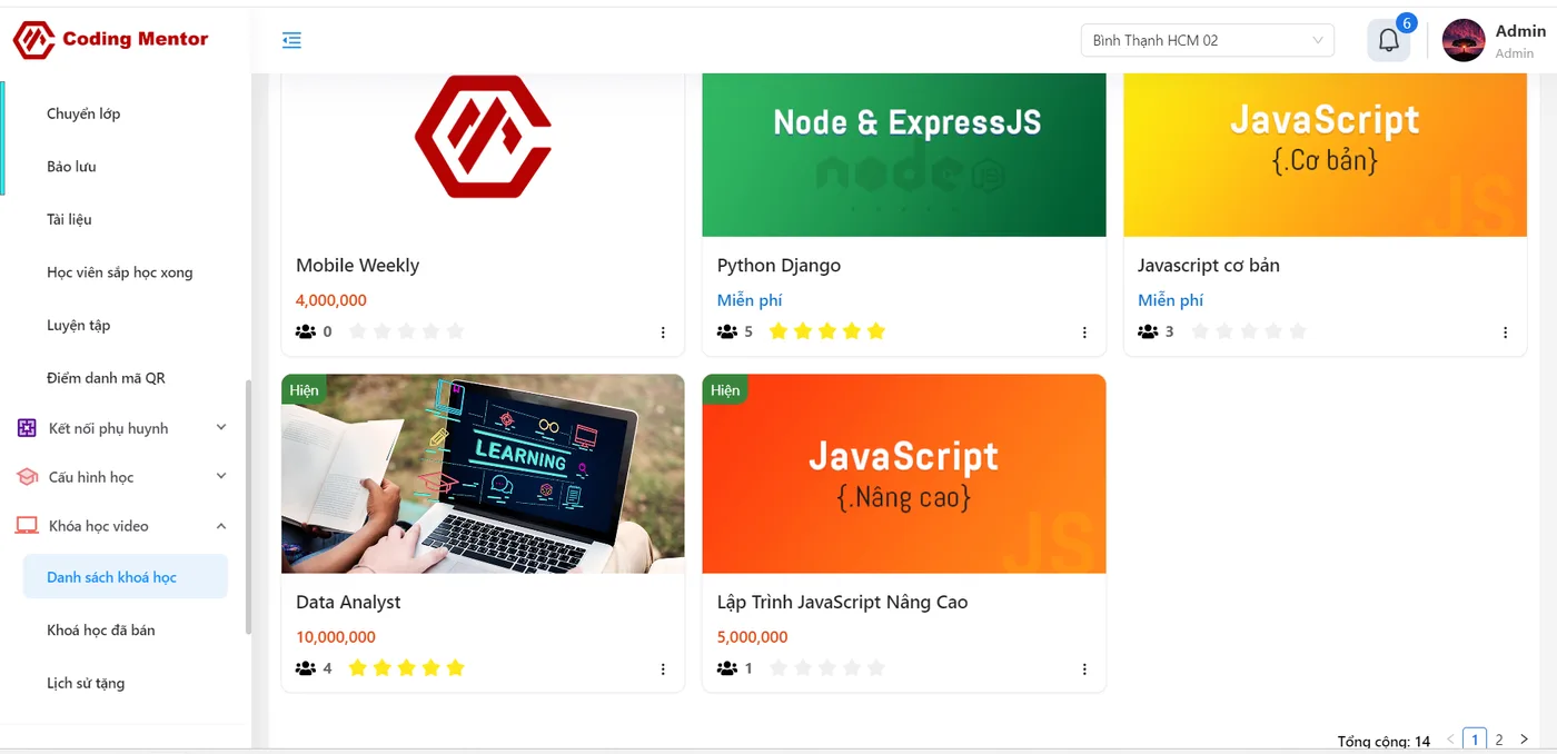 Danh sách khoá học video kèm học phí và đánh giá trong phần mềm Coding Mentor