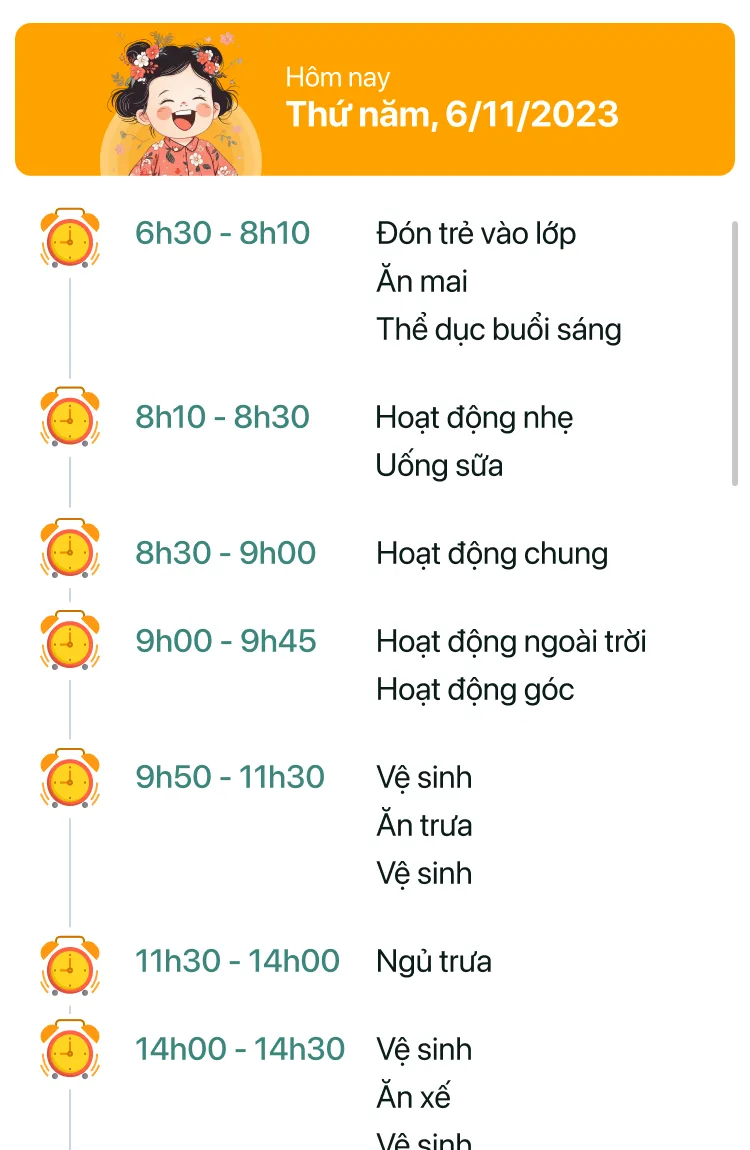 Lịch hoạt động hằng ngày của bé trên app phụ huynh Mầm non Đức Trí