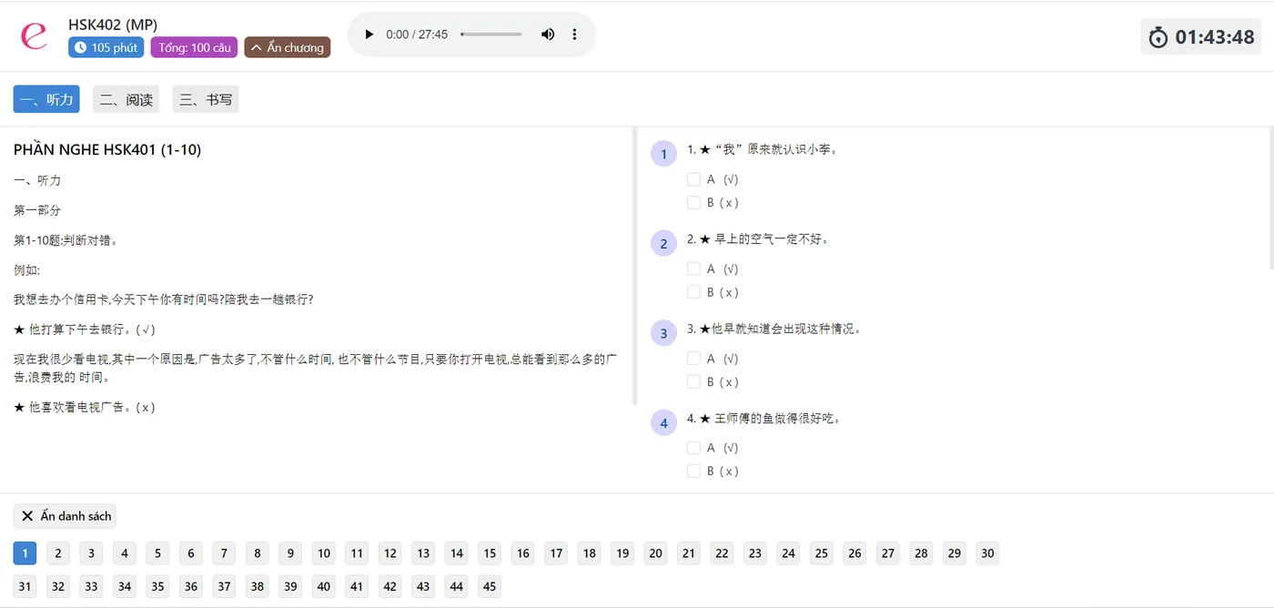 Màn hình làm bài thi HSK với phần nghe, đọc, viết và đồng hồ đếm giờ