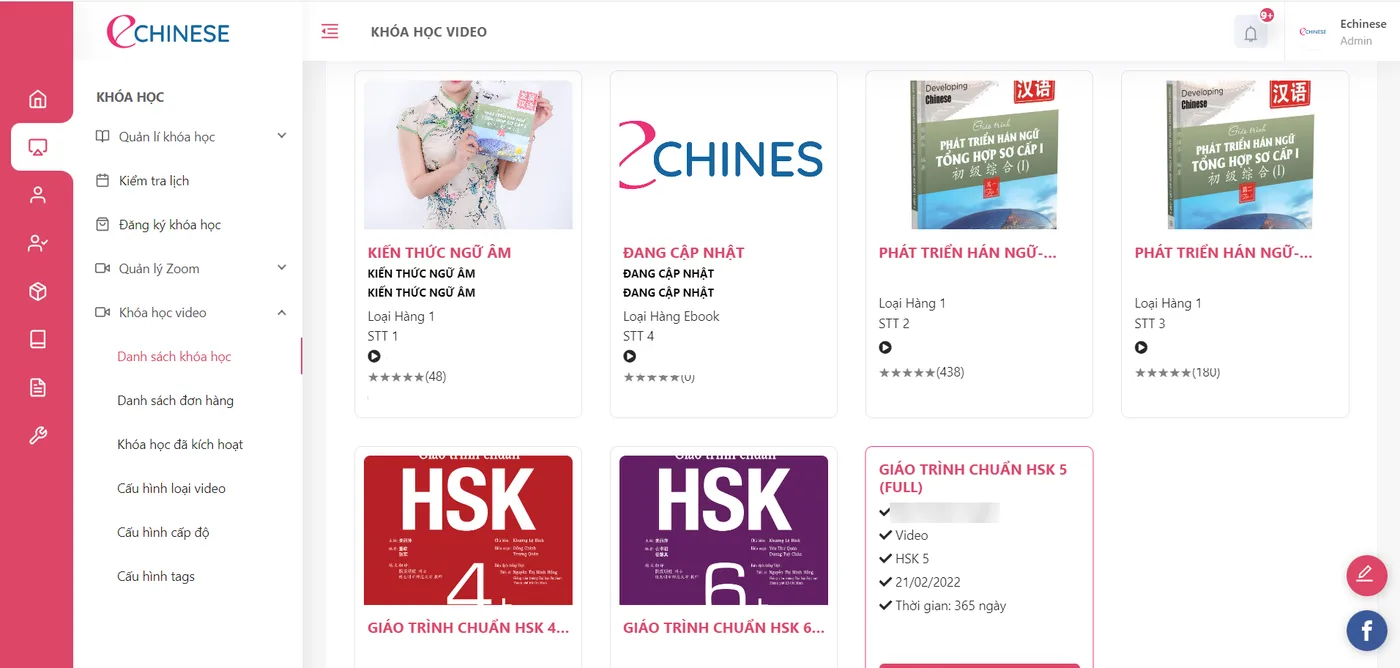 Danh sách khoá học video trong phần mềm quản lý ECHINESE