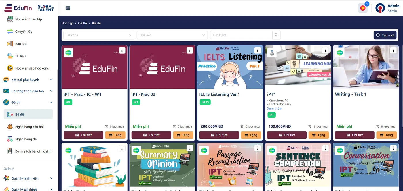Kho bộ đề của EduFin, có bộ miễn phí và bộ bán theo giá