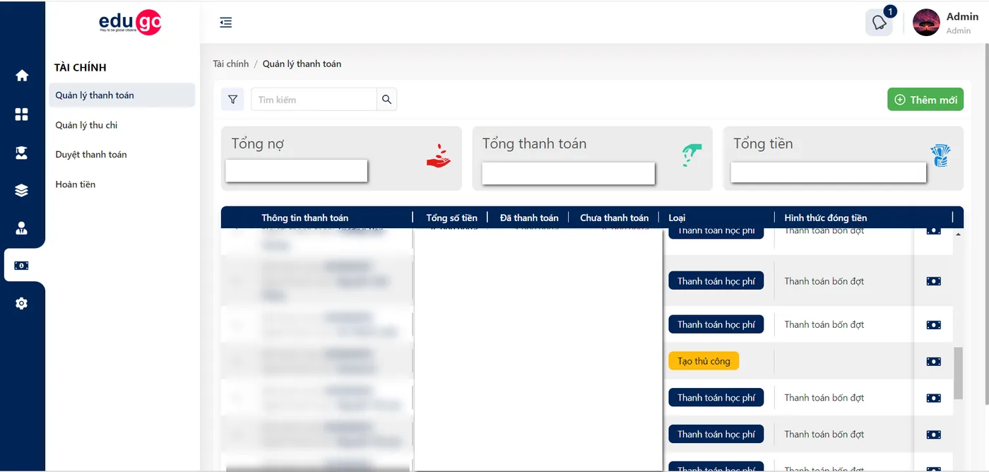 Danh sách thanh toán học phí trong phần mềm EduGo