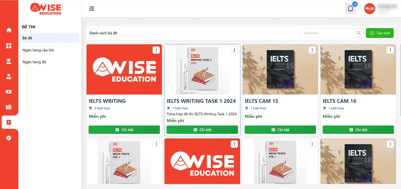 Danh sách bộ đề IELTS trong phần mềm quản lý Wisedu English