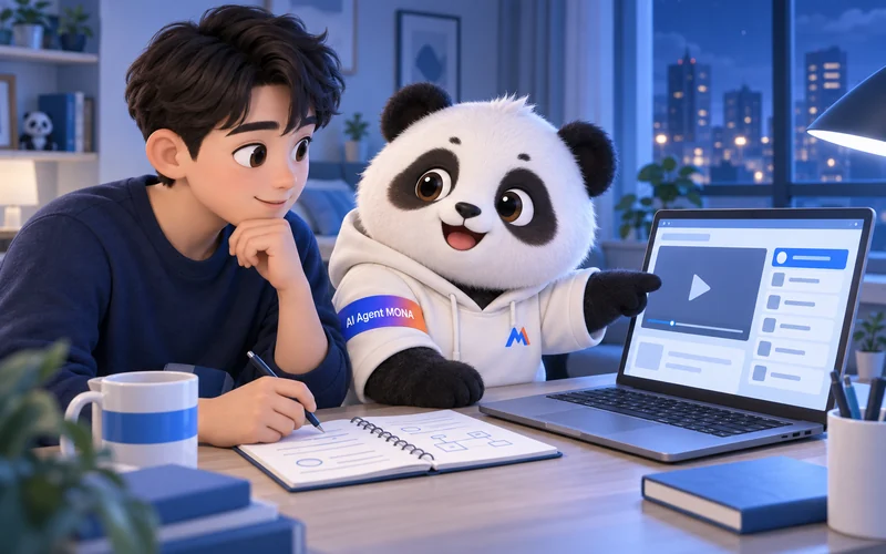 Hình minh hoạ gấu MONA cạnh học viên đang học tiếng Anh trực tuyến trên máy tính
