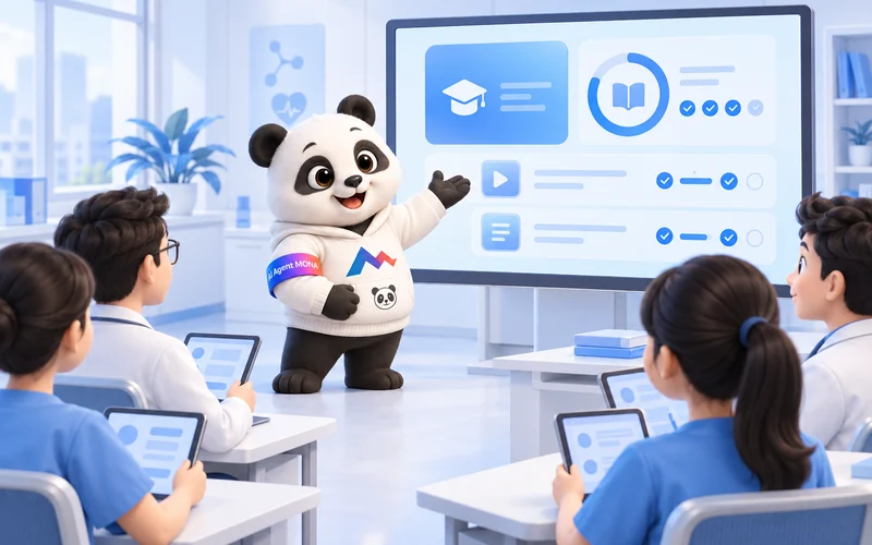 Hình minh hoạ gấu MONA đứng lớp đào tạo nhân viên y tế bằng phần mềm học trực tuyến