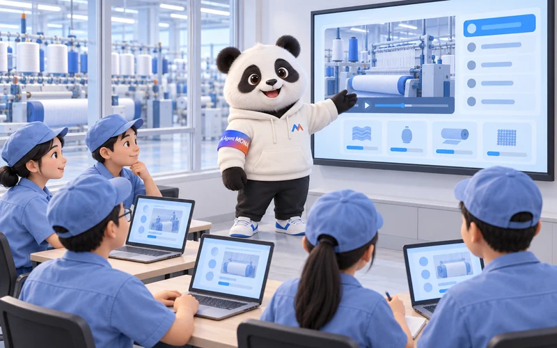 Hình minh hoạ gấu MONA hướng dẫn công nhân nhà máy học trên phần mềm đào tạo nội bộ