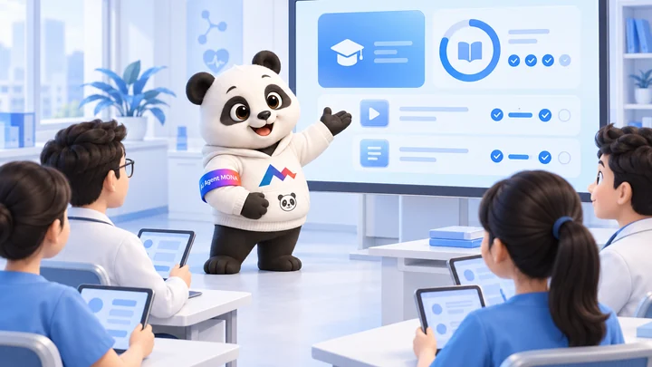 Hình minh hoạ gấu MONA đứng lớp đào tạo cho bác sĩ, điều dưỡng bằng phần mềm học trực tuyến