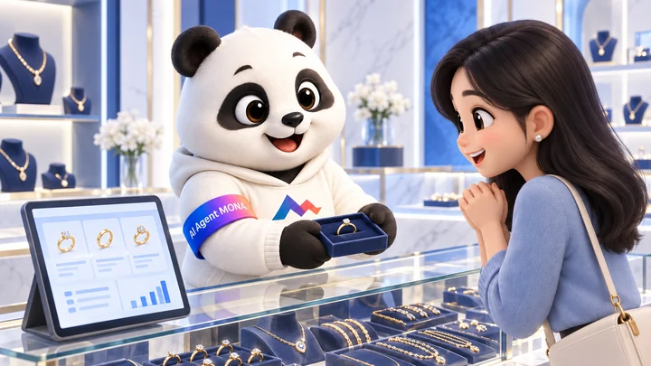 Hình minh hoạ gấu MONA bán trang sức tại quầy kính, cạnh màn hình bán hàng và tồn kho