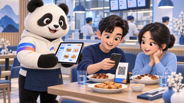 Hình minh hoạ gấu MONA phục vụ bàn, khách quét mã QR trên bàn để gọi món