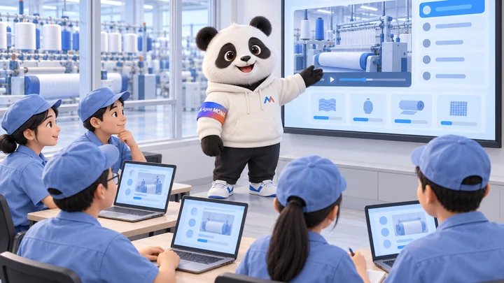 Hình minh hoạ gấu MONA hướng dẫn công nhân học bài trên phần mềm đào tạo trong phòng họp nhà máy