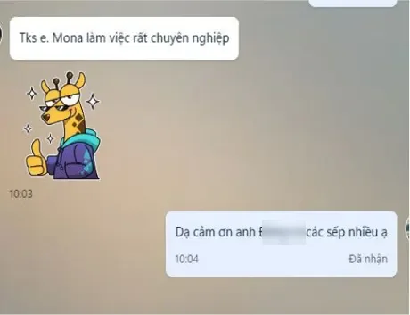 Khách nhắn: Mona làm việc rất chuyên nghiệp