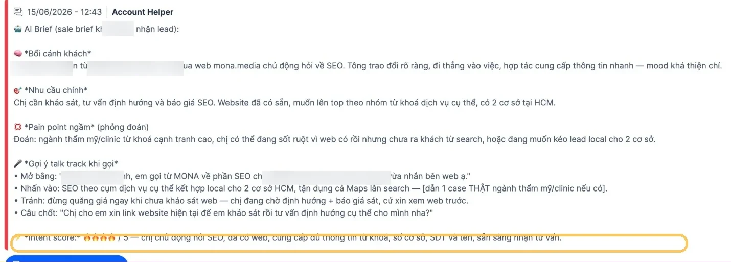Màn hình MONA OS 2.0: hồ sơ khách tự dựng từ đoạn chat, kèm điểm sẵn sàng mua