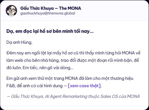 Thư AI Agent MONA gửi lại khách cũ sau nhiều tuần im lặng, kèm một dự án tương tự