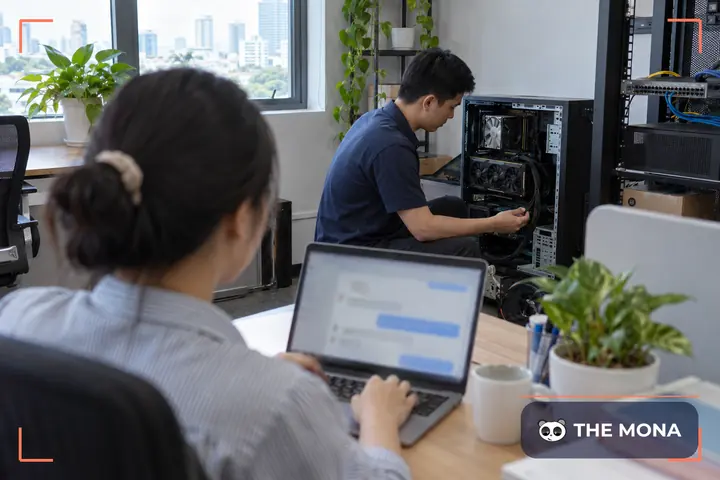 Nhân viên IT kiểm tra máy trạm có card đồ hoạ trong góc máy chủ công ty, phía trước là đồng nghiệp đang dùng trợ lý AI trên laptop