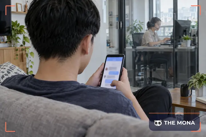 Khách chat với trợ lý AI của cửa hàng trên điện thoại, phía sau là nhân viên chăm sóc khách hàng đeo tai nghe chuẩn bị tiếp nhận