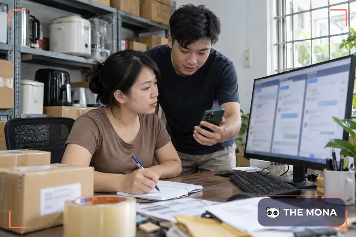 Chủ shop online so sánh các phần mềm chatbot trên màn hình, đồng nghiệp đưa điện thoại có cuộc chat với khách, phía sau là kệ đơn hàng chờ gửi