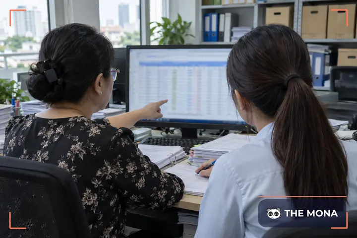 Kế toán trưởng và đồng nghiệp rà sổ trên màn hình khi khoá sổ cuối tháng, phía sau là kệ lưu trữ chứng từ