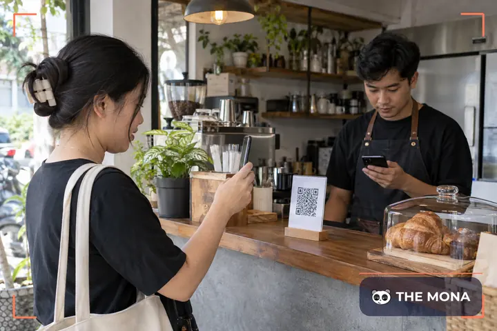 Khách quét mã QR thanh toán ở quầy quán cà phê, chủ quán xem điện thoại xác nhận tiền đã về