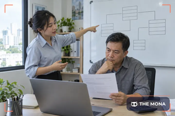 Chủ doanh nghiệp xem bảng báo giá trong khi lập trình viên chỉ vào sơ đồ bảng cơ sở dữ liệu trên bảng trắng