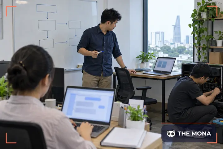 Lập trình viên đứng trước bảng trắng vẽ luồng cập nhật, chỉ vào sơ đồ các ô nối với nhau