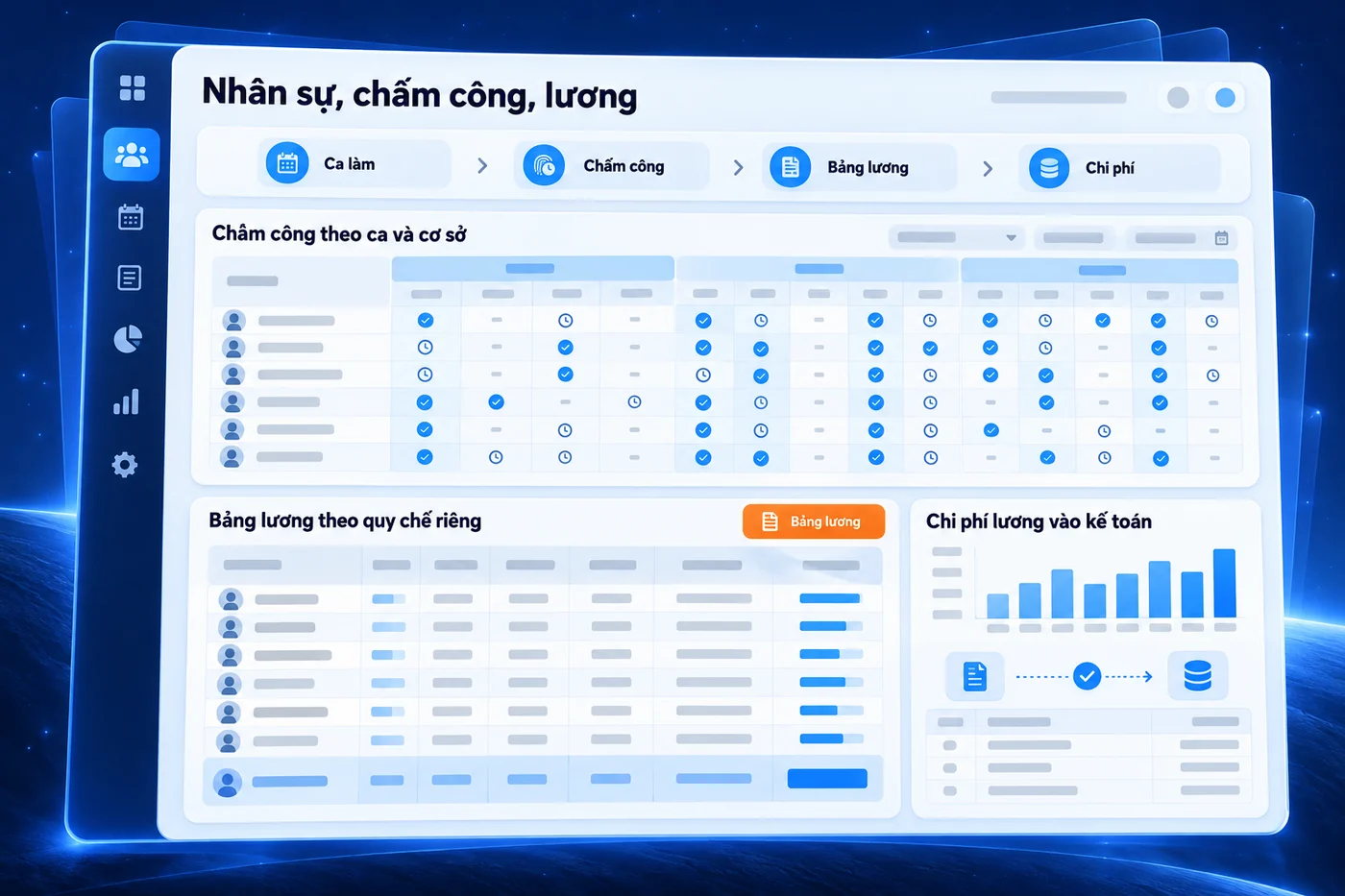 Màn hình minh hoạ: Nhân sự, chấm công, lương