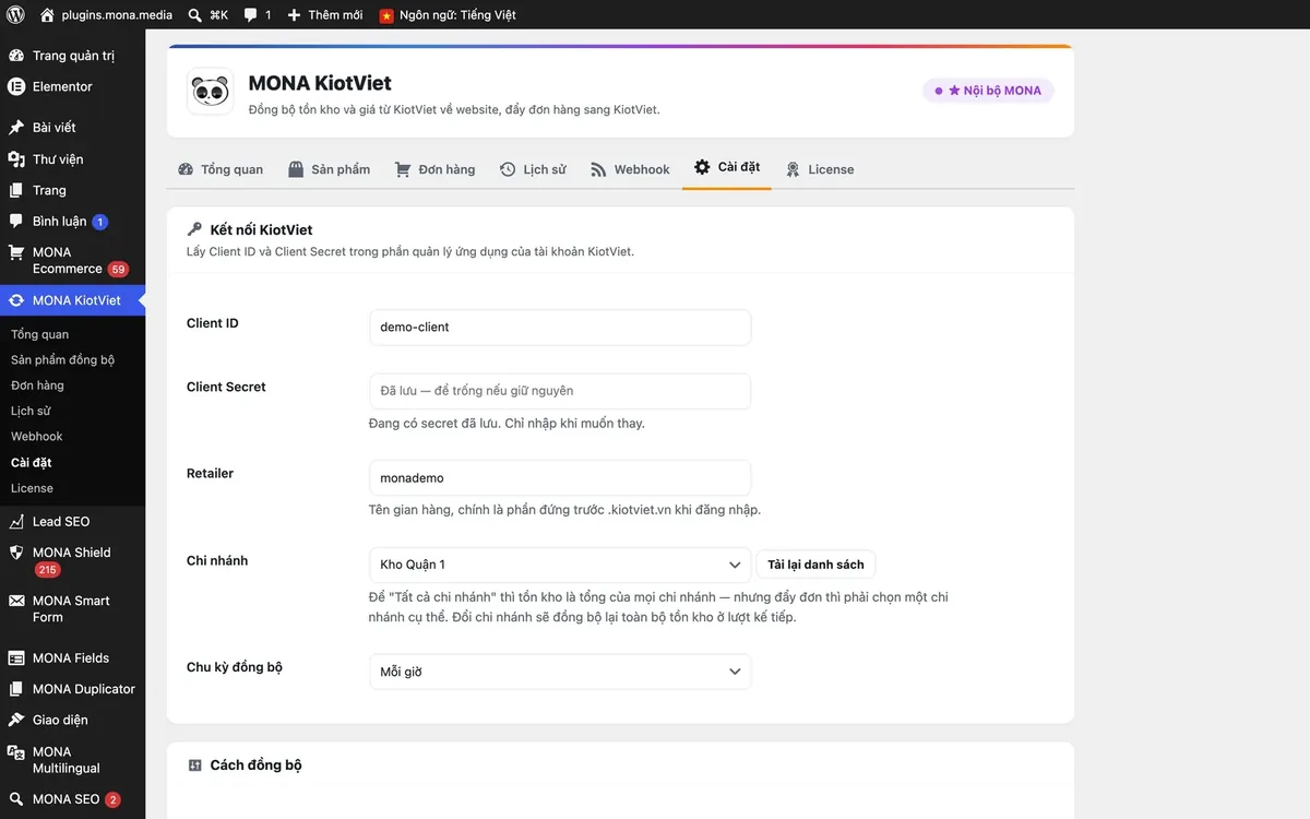 Màn hình kết nối KiotViet của plugin MONA KiotViet trong trang quản trị WordPress