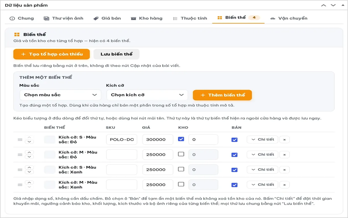 Màn hình sản phẩm có biến thể, giá và tồn kho của MONA Ecommerce trong trang quản trị WordPress