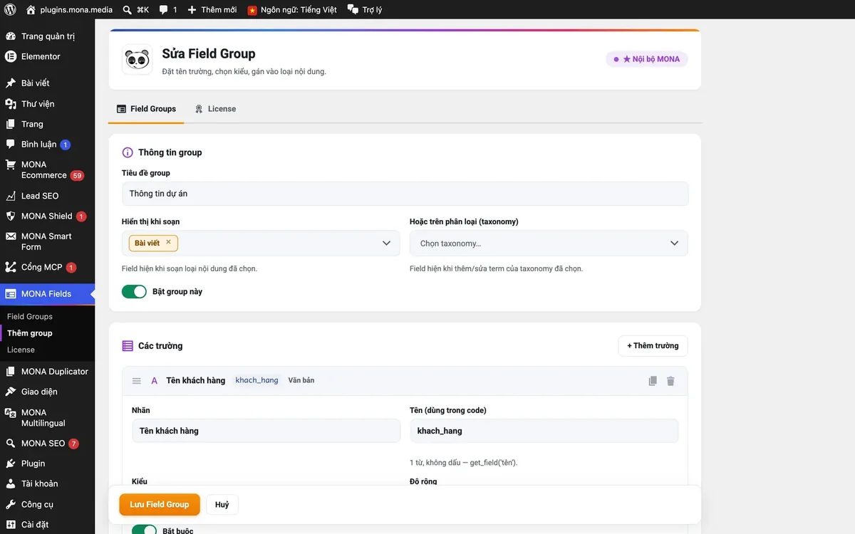 Màn hình dựng nhóm trường của MONA Fields trong trang quản trị WordPress