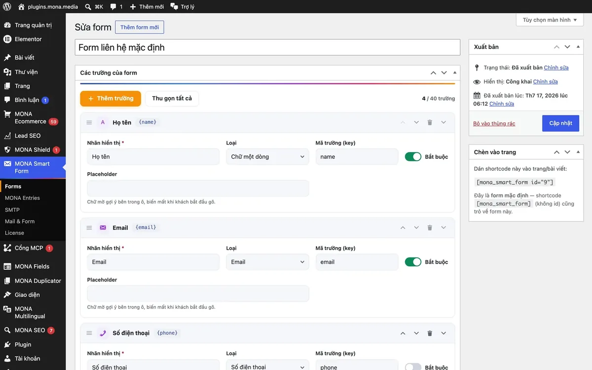 Màn hình dựng form liên hệ của MONA Smart Form trong trang quản trị WordPress