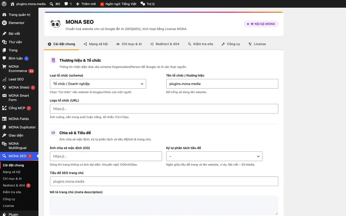 Màn hình cài đặt chung của MONA SEO trong trang quản trị WordPress
