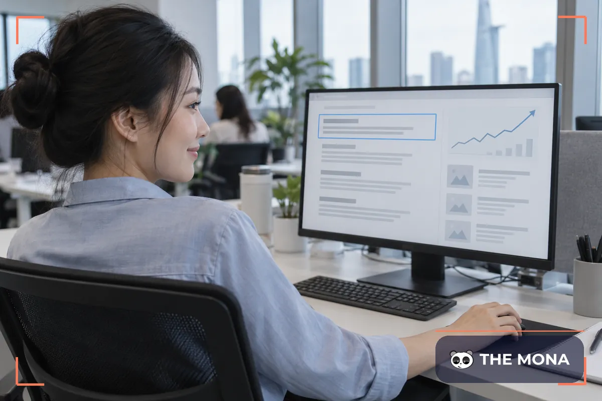 Chuyên viên SEO xem trang web đứng đầu kết quả tìm kiếm và biểu đồ lượt truy cập tăng