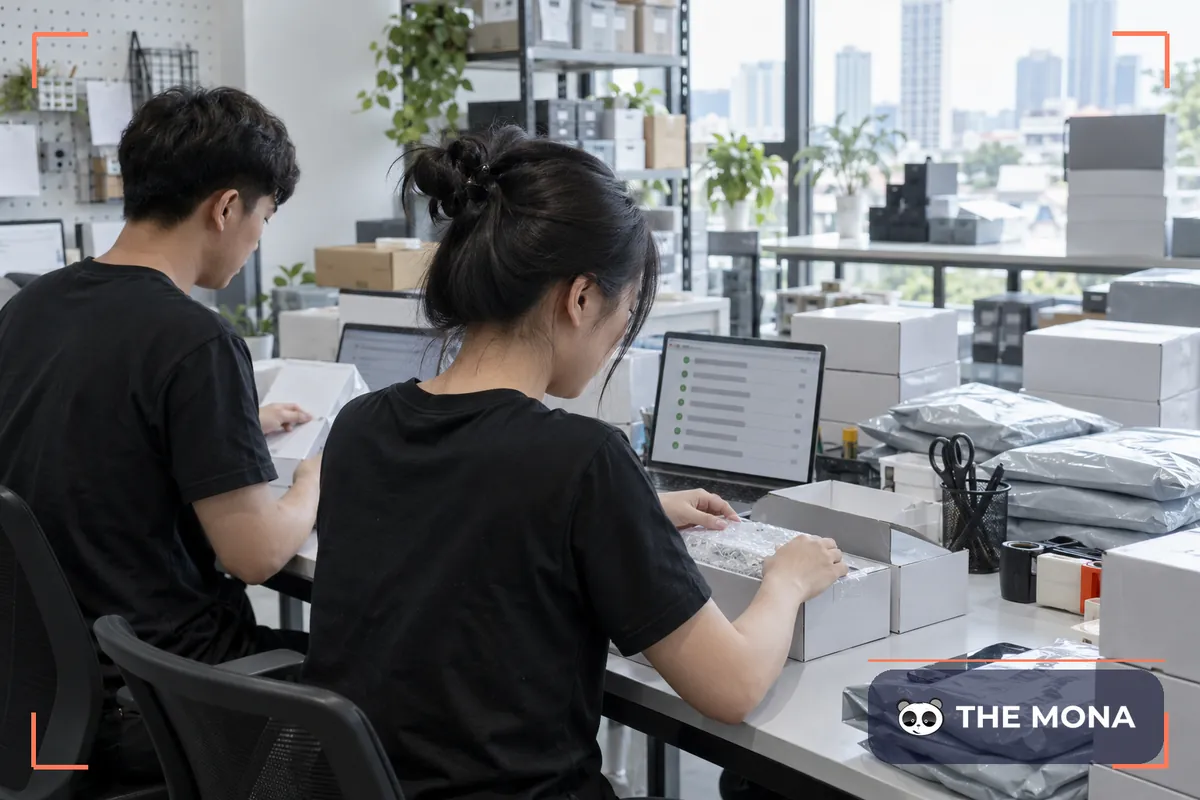 Nhân viên cửa hàng online đóng gói đơn trong ngày sale, máy tính hiện danh sách đơn mới