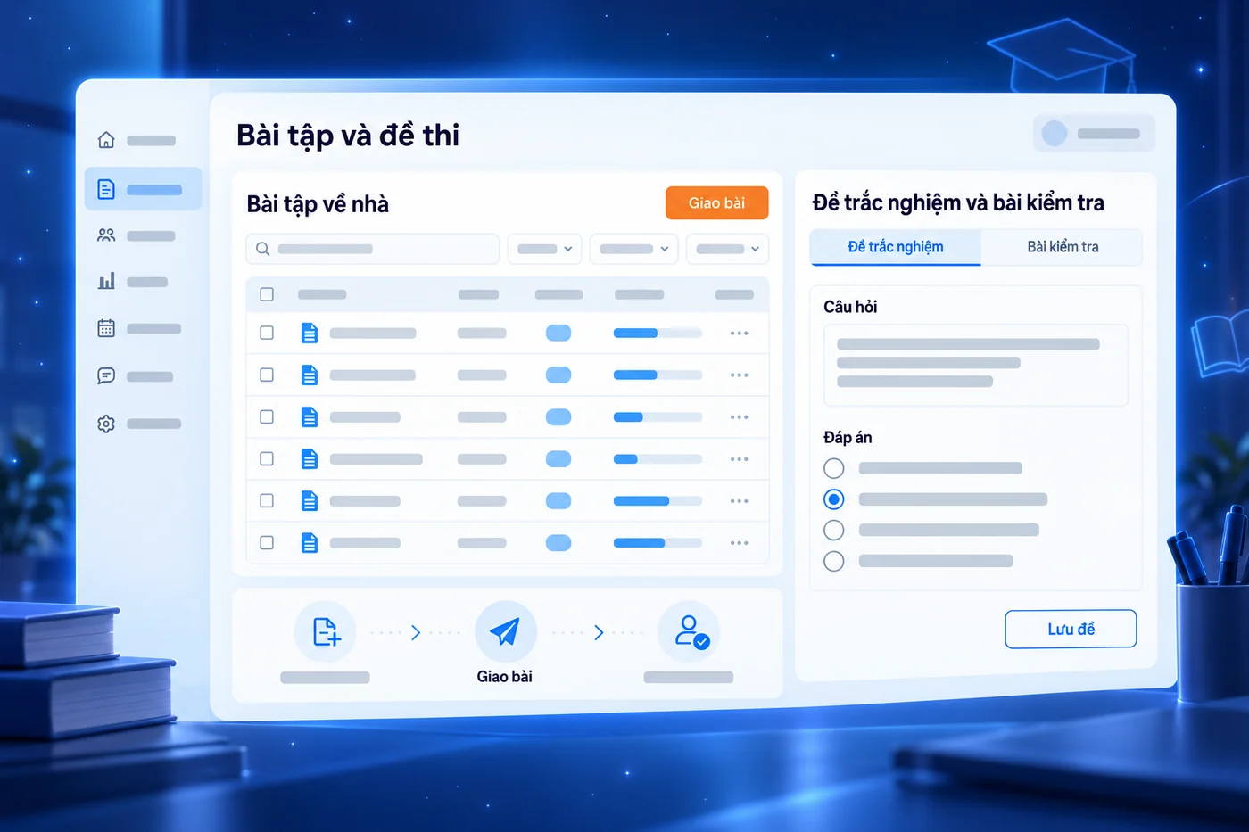 Hình minh hoạ màn hình tạo đề trắc nghiệm và giao bài tập về nhà trong MONA LMS