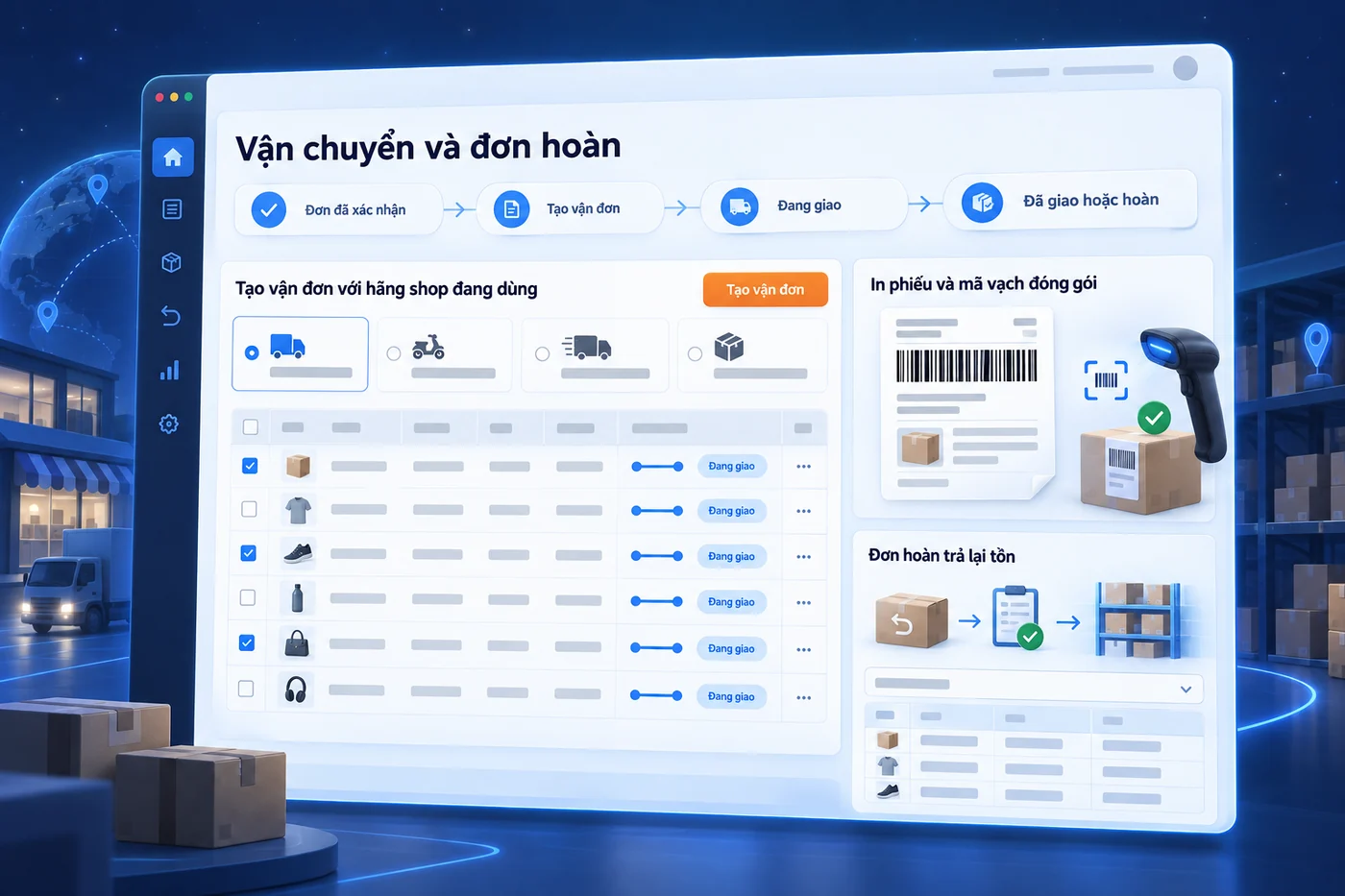 Màn hình minh hoạ: Vận chuyển và đơn hoàn