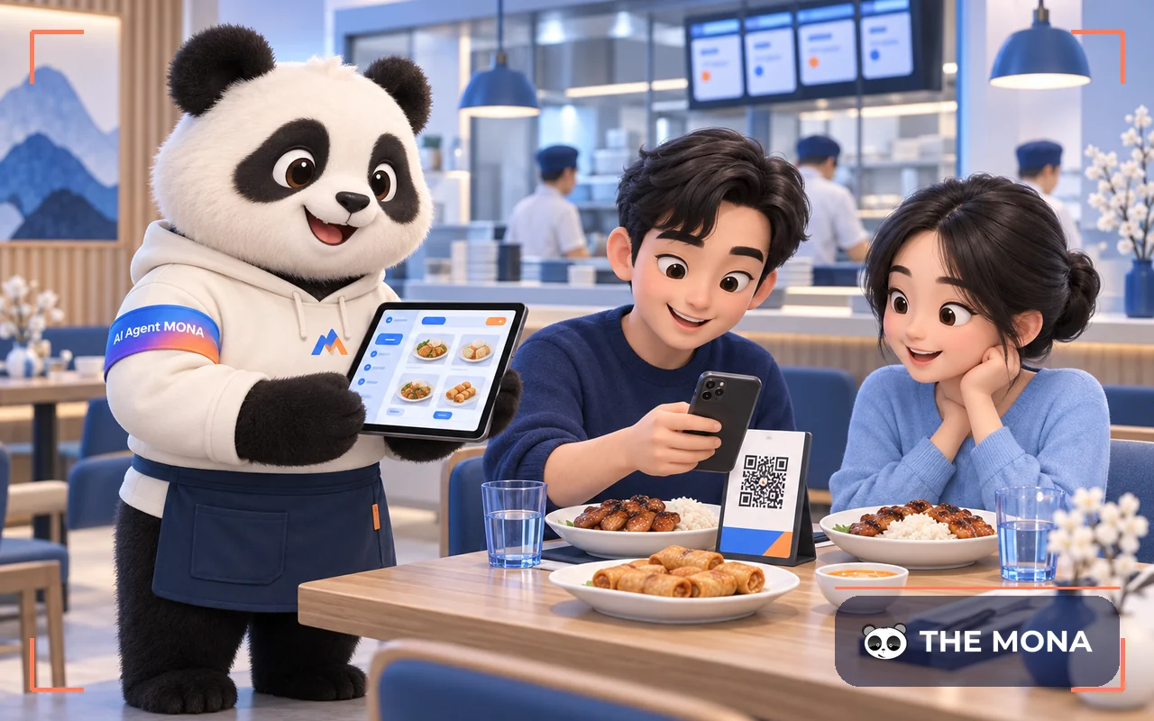 Hình minh hoạ gấu MONA phục vụ bàn, khách quét mã QR trên bàn để gọi món bằng nhahang.ai