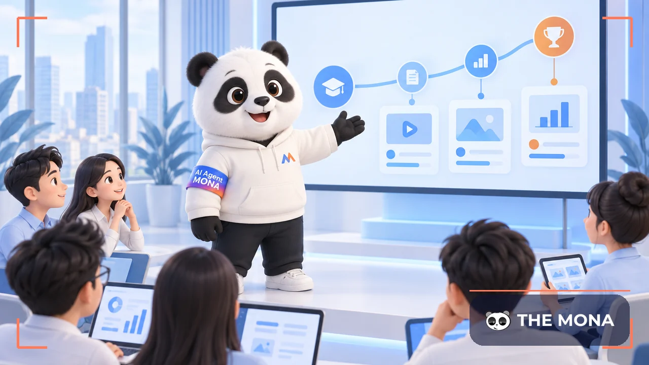 Hình minh hoạ gấu MONA trình bày lộ trình học theo vai trò trên MONA SkillHub