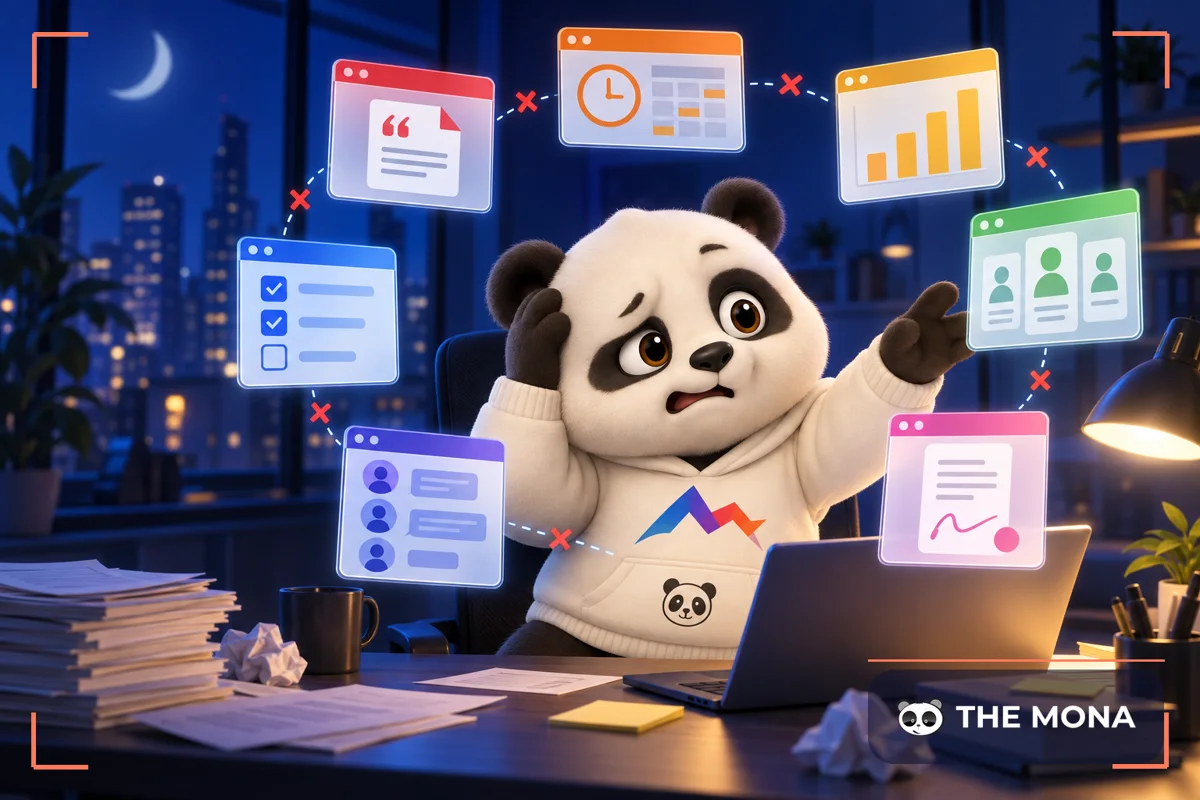 Gấu MONA ngồi giữa bảy cửa sổ phần mềm rời nhau, dữ liệu không nối